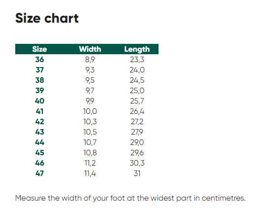 Be Lenka Adults sizing chart