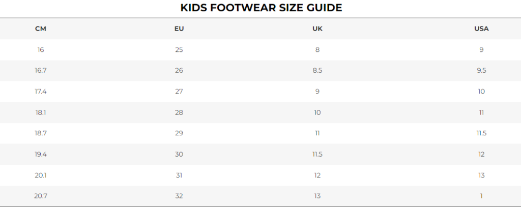 Vivo Kids sizing chart